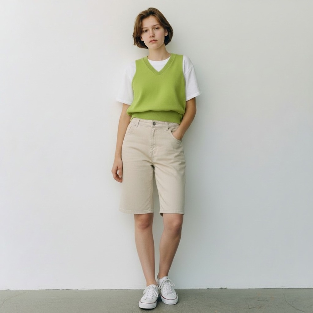 Lime‎ Green V-Neck Cropped Sweater Vest Size OS Slit Hem Preppy Tomboy
